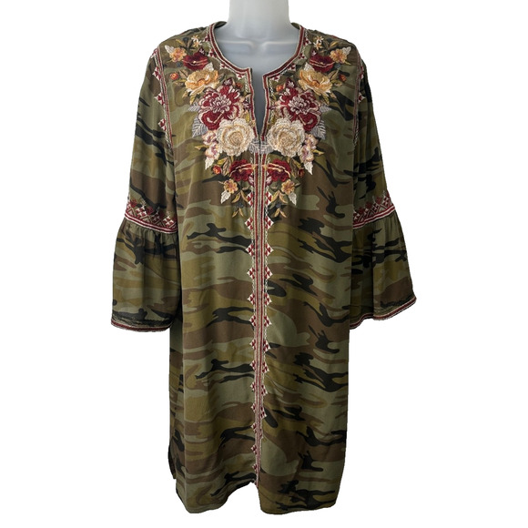 Johnny Was L Floral Embroidered Camo Mini Dress Green 100% Silk Womens Boho B7 - Picture 1 of 8